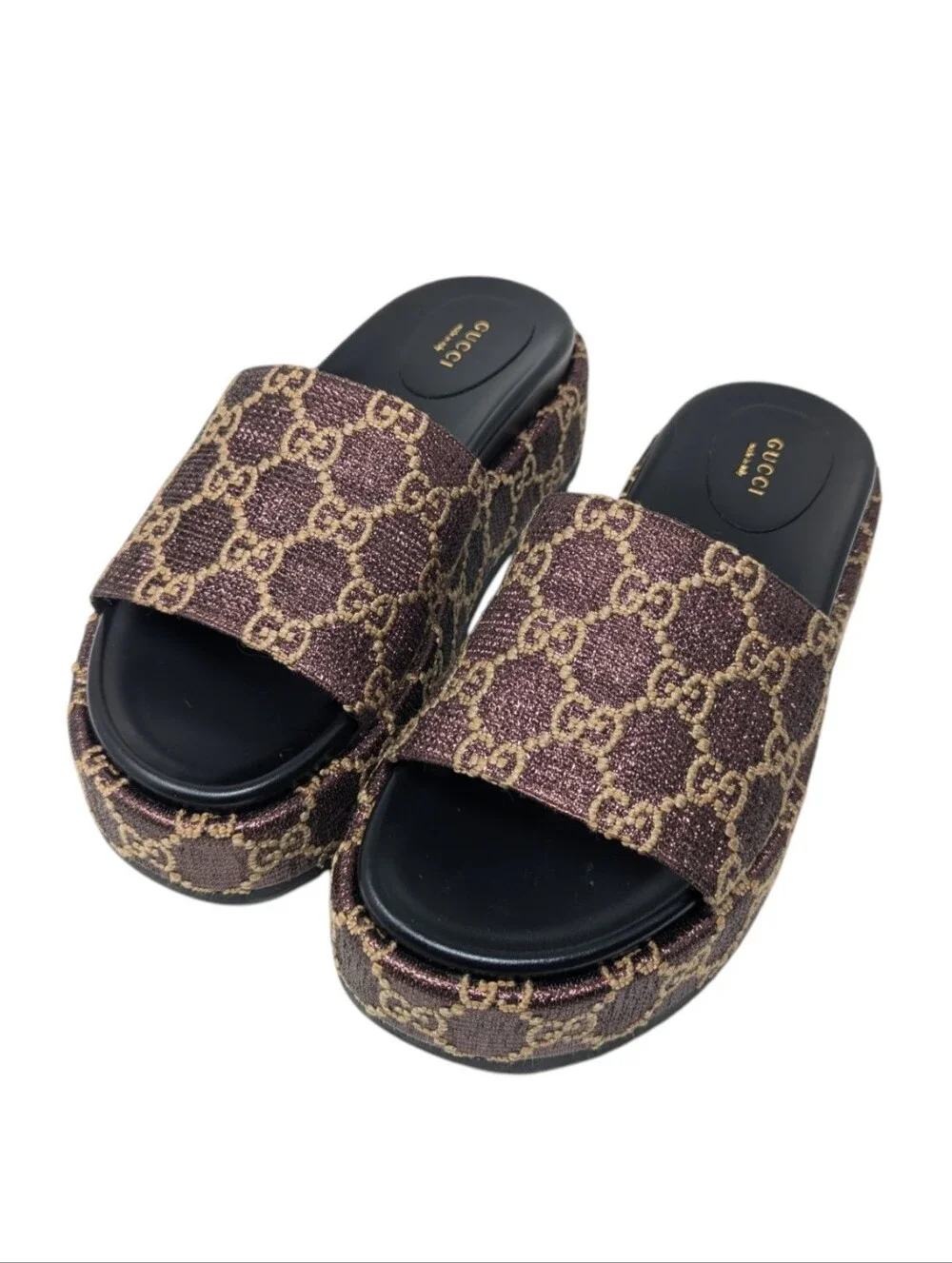 Gucci Brown Monogram Lame Angelina Platform Slide Sandals Size EU 39